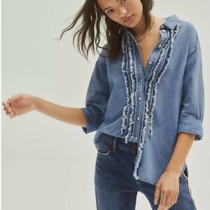 Pilcro for Anthropologie Ruffled Denim Button-down Shirt